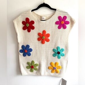 BiBi 3D Crochet Flower Sweater Vest Boho Cotton Knit Floral Top NWT Size S